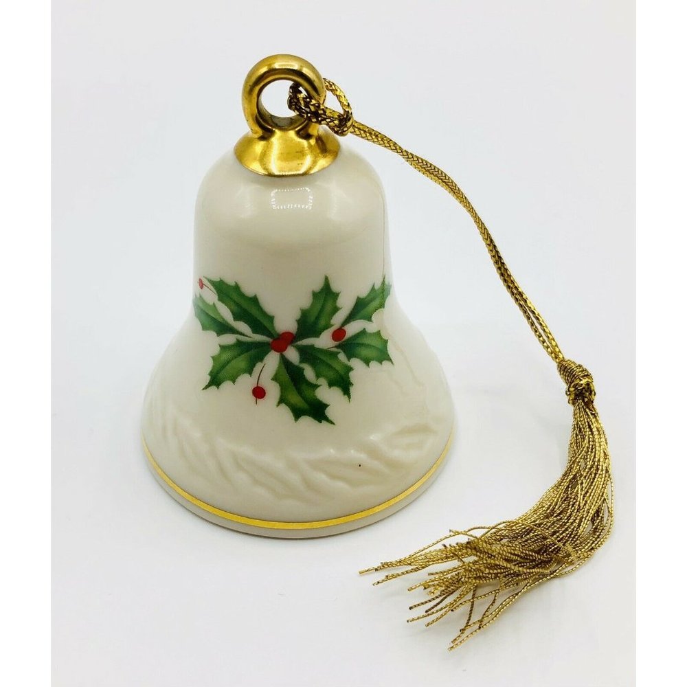 Lenox Holiday Holly & Berry Christmas Bell Ornament Gold Trim with Tassel 2.5"H